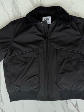 Zara Black Bomber Jacket with Sherpa Collar